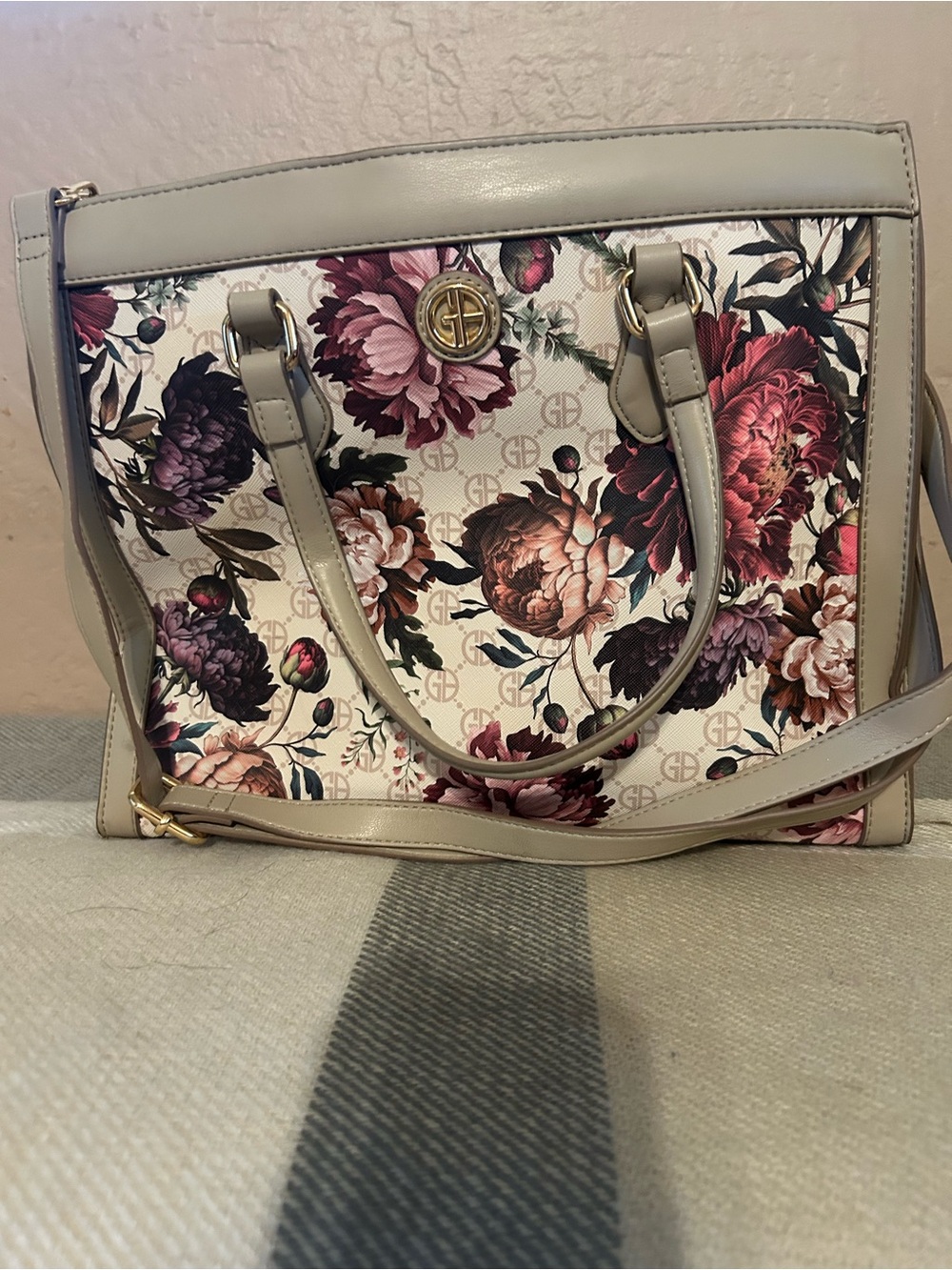 Floral Print Shoulder Satchel in Beige and Pink - Heritage Logo Accent